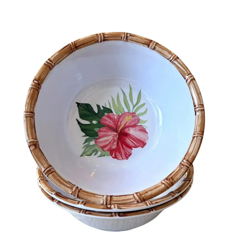 4pc Tropical Hibiscus Melamine Salad Bowls 7.5in Bamboo Rim Indoor Outdoor NEW